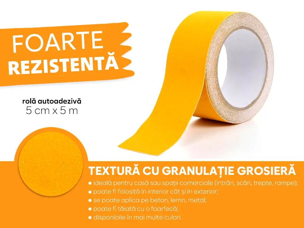 Bandă antialunecare autoadezivă cu granulație grosieră, culoare galbenă, ideală pentru scări și podele, rolă 5 cm x 5 m