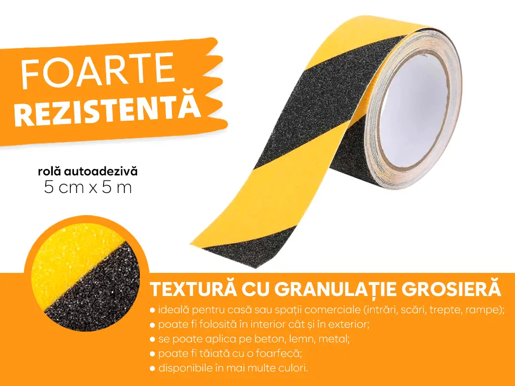 Bandă antialunecare autoadezivă cu granulație grosieră, culoare negru cu galben, ideală pentru scări și podele, rolă 5 cm x 5 m
