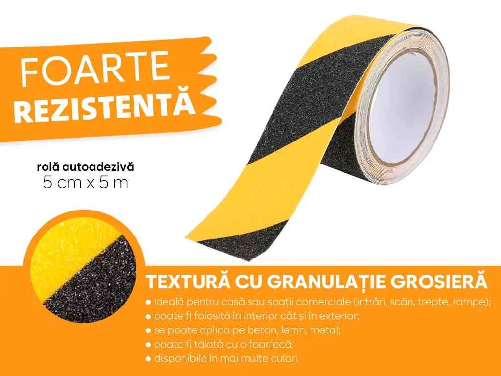 Bandă antialunecare, antiderapantă,  autoadezivă cu granulație grosieră, culoare negru cu galben, ideală pentru scări și podele, rolă 5 cm x 5 m