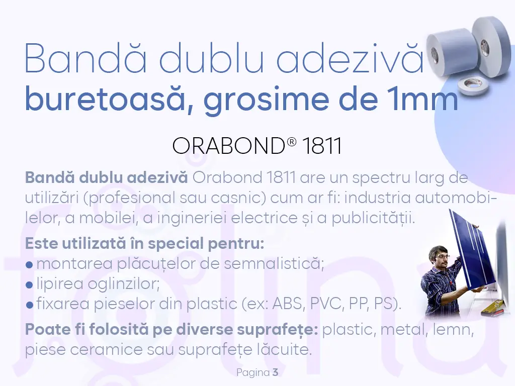 Bandă dublu adezivă buretoasă Orabond 1811, rolă de 10cm x 25m, grosime 1mm