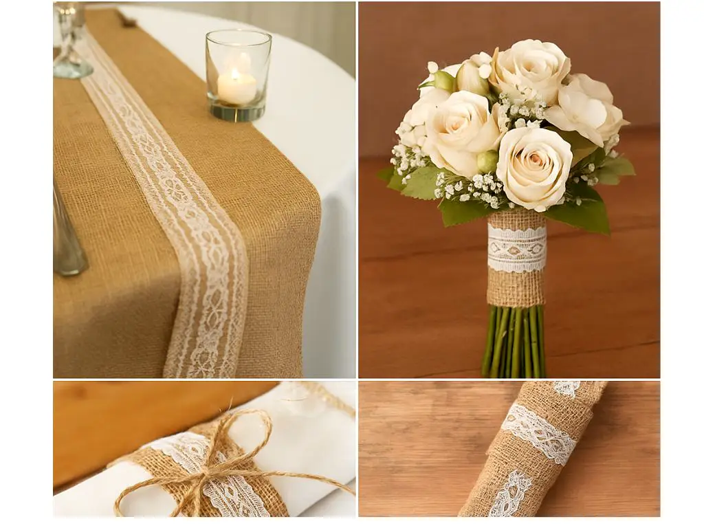 Bandă decorativă iută natur cu dantelă albă Folina BDA30 – rolă 5x200 cm