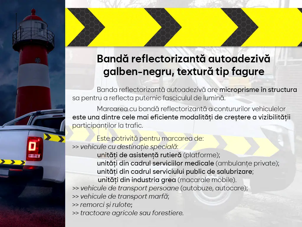 Bandă reflectorizantă autoadezivă de marcaj contur cu săgeți de culoare galben-negru pentru siguranța rutieră, rolă 5 cm x 5 m