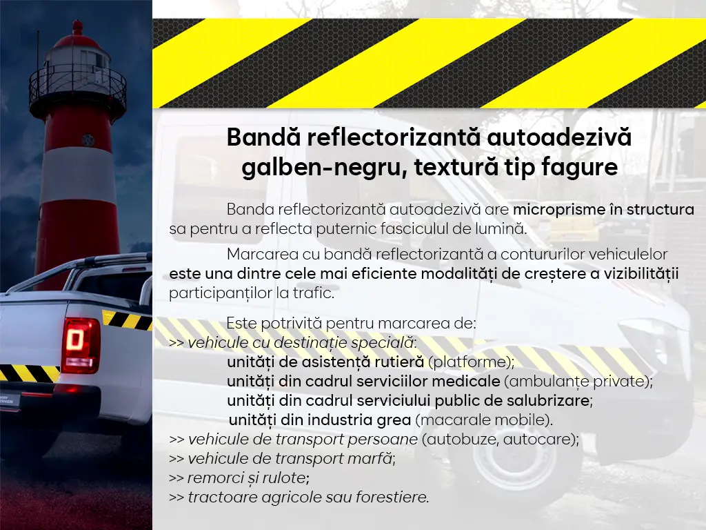 Bandă reflectorizantă autoadezivă de marcaj contur galben-negru pentru siguranța rutieră, rolă 5 cm x 5 m
