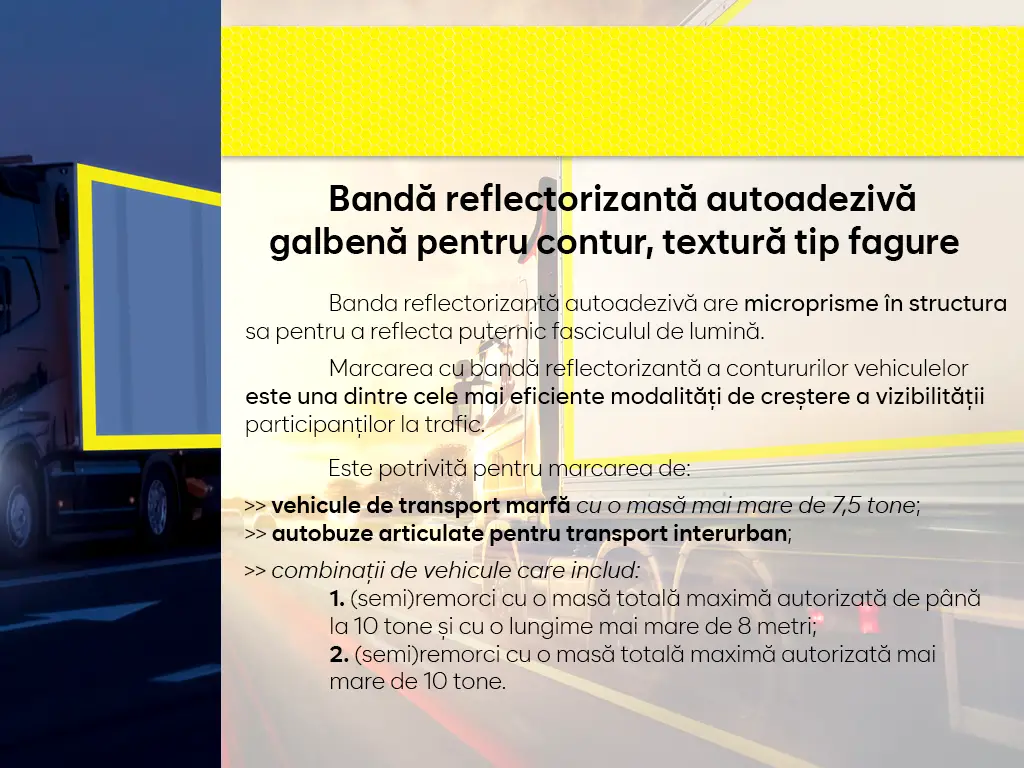 Bandă reflectorizantă autoadezivă de marcaj contur de culoare galbenă pentru siguranța rutieră, rolă 5 cm x 5 m