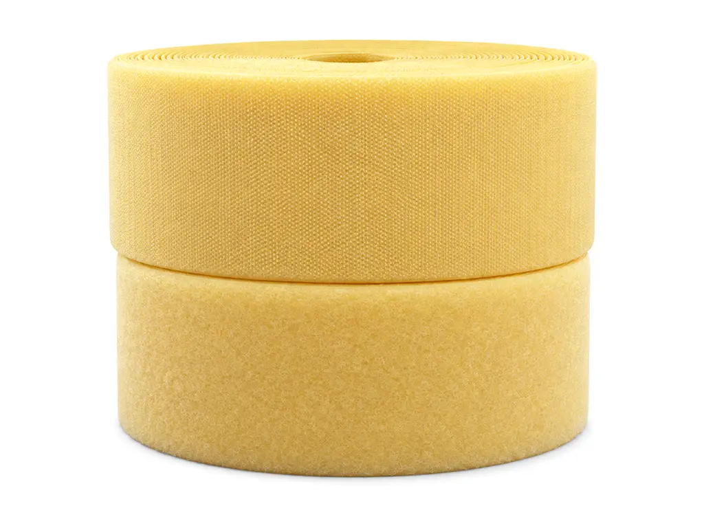 Bandă arici autoadeziv, Hook & Loop cu adeziv, scai și puf, 11 cm lățime, culoarea galben pai
