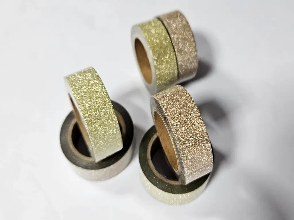 Set 6 role washi tape, bandă adezivă Glitter, sclipici auriu si bej, role de 1,5 cm x 5 metri