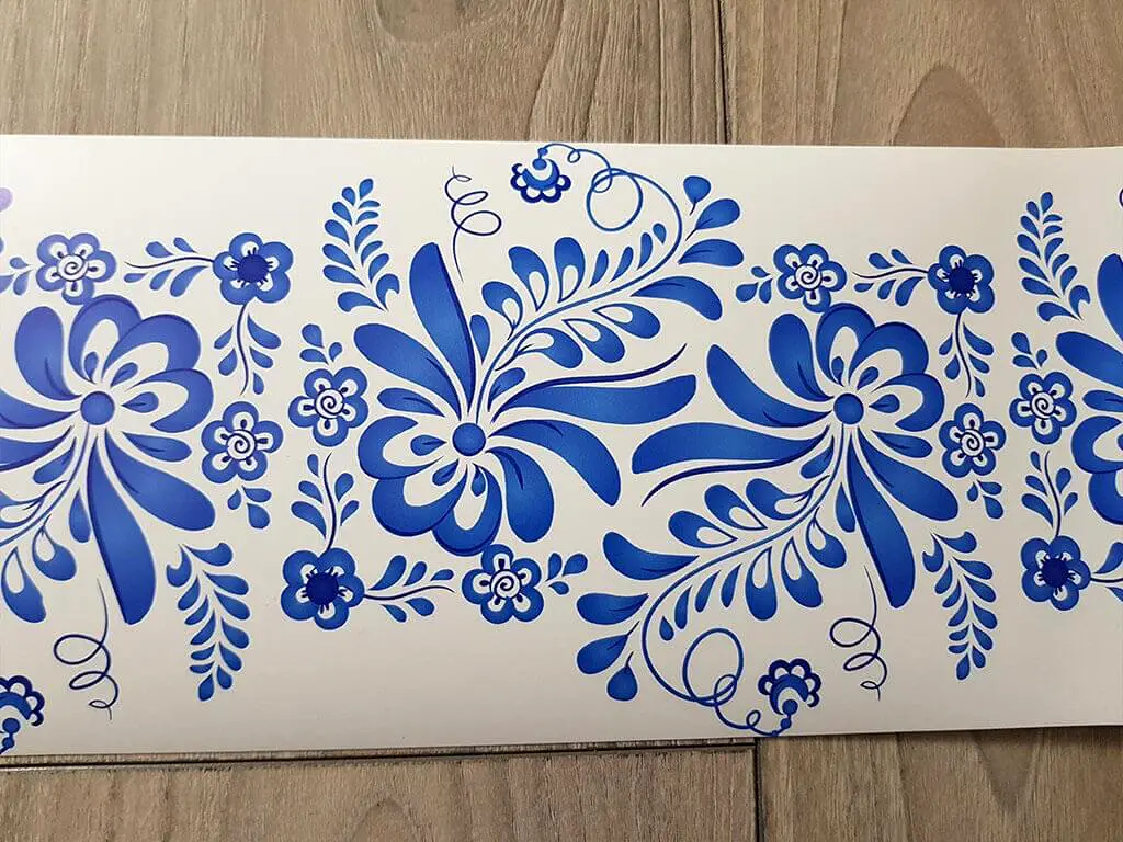 Set 3 borduri decorative autoadezive Bella, folie transparentă cu imprimeu floral albastru, role de 15 x 100 cm