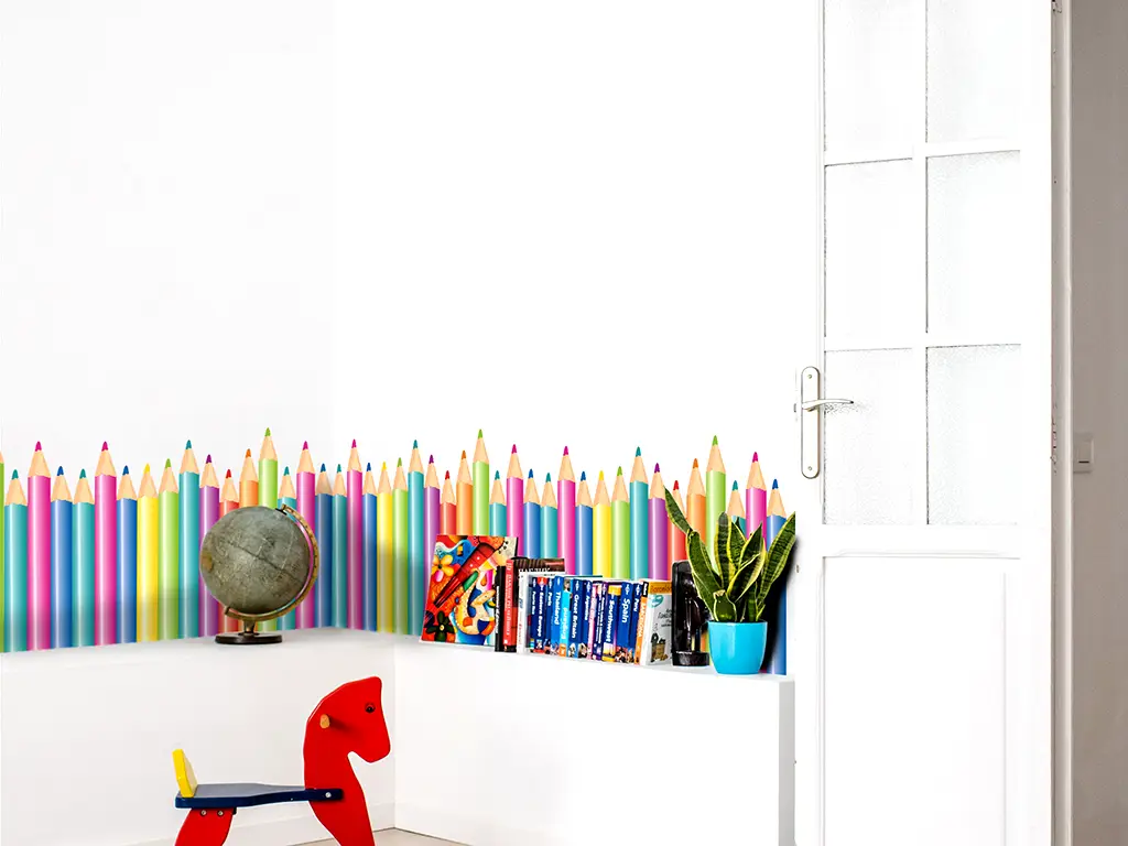Bordură decorativă autoadezivă, Folina, Creioane colorate, multicolor, 45 x100 cm, racletă de aplicare inclusă