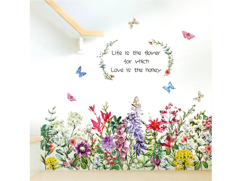 Sticker tip bordură decorativă cu flori de câmp şi fluturi, pentru perete sau geam, 70x100 cm