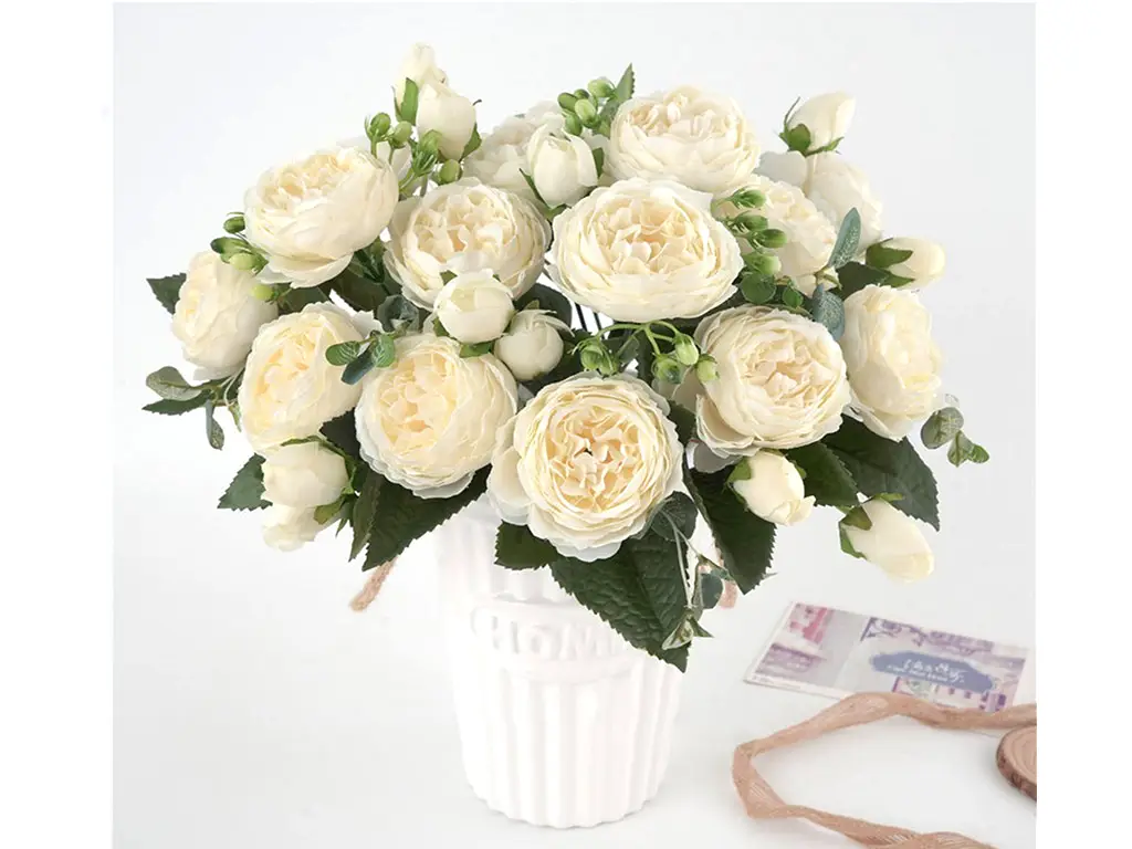 Buchet flori artificiale bujori crem, 30 cm înălţime