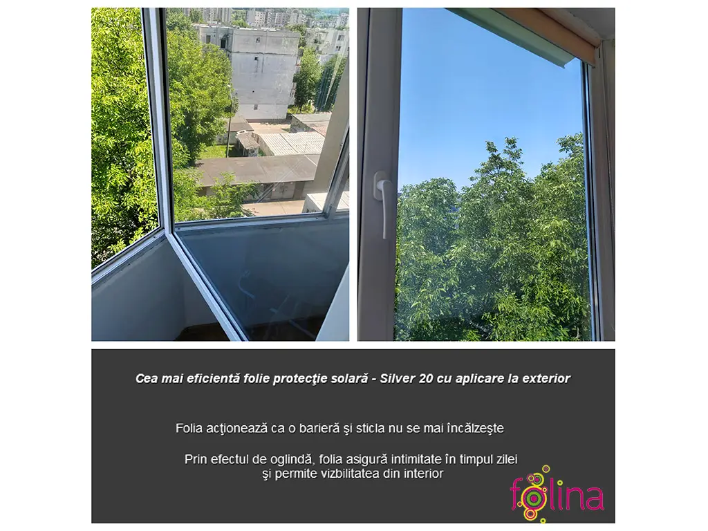 Folie protecție solară reflexivă 80%, Silver 20, efect de oglindă, cu aplicare la exterior, rolă de 75x250 cm