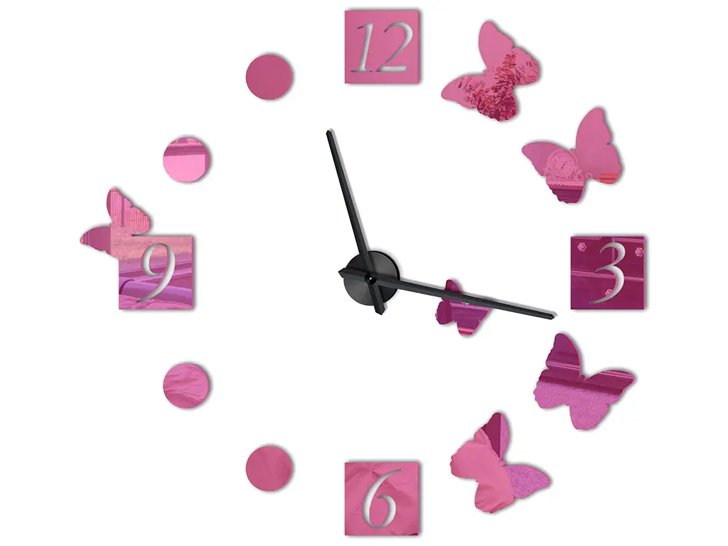 Ceas perete, Folina, model Mariposa, ceas din oglindă acrilică roz