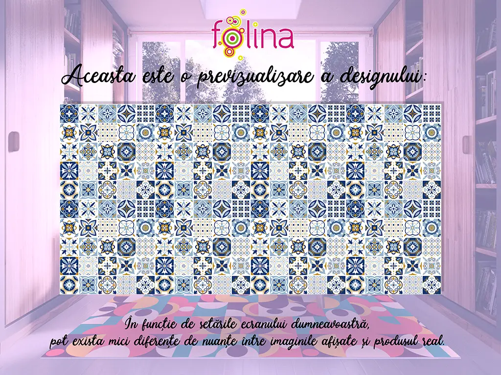 Covor antiderapant pentru bucătărie, din pvc, model Blue Tiles, linoleum antiderapant la rolă de 60x400 cm