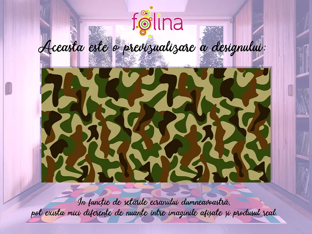 Covor antiderapant pentru hol și terasă, din pvc, model Camuflaj, linoleum antiderapant la rolă de 80x158 cm.