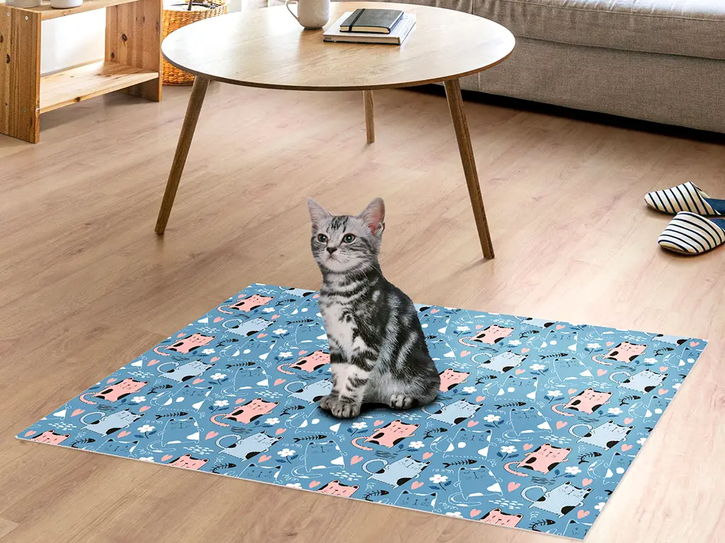 Covor antiderapant din vinil, model albastru cu pisici, 79 x 100 cm