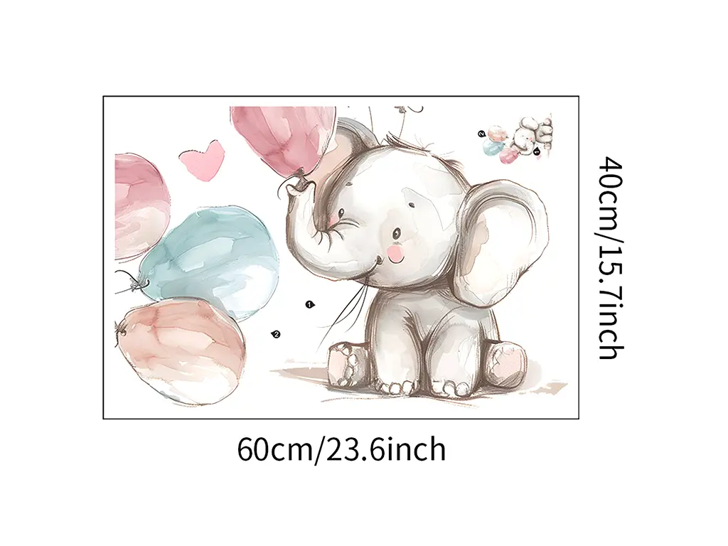 Sticker cameră bebe, Micul elefant cu baloane, decor perete şi mobilă, 60x40 cm