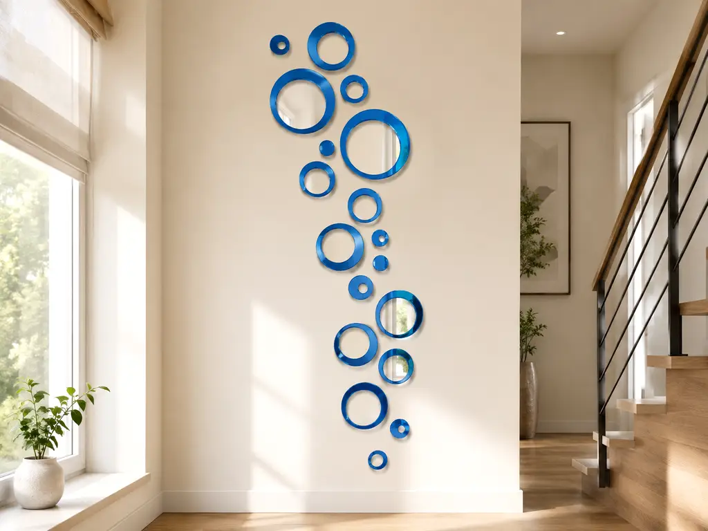 Set 25 stickere oglindă acrilică albastră, cercuri decorative 3D pentru perete