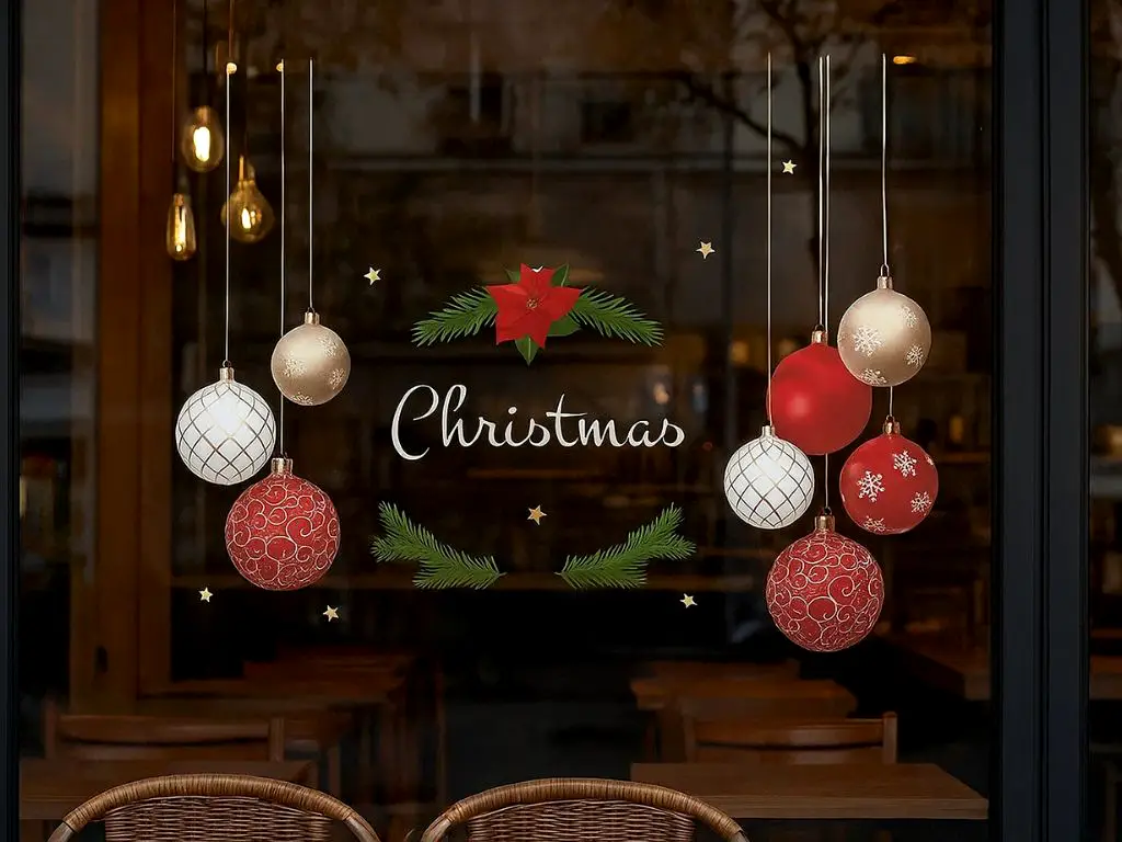 Sticker Crăciun, decor cu globuri roşii, 90x100 cm