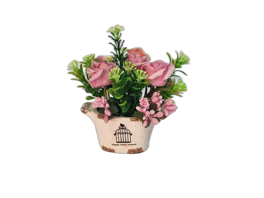 Decoraţiune cu flori artificiale roz în vas ceramic