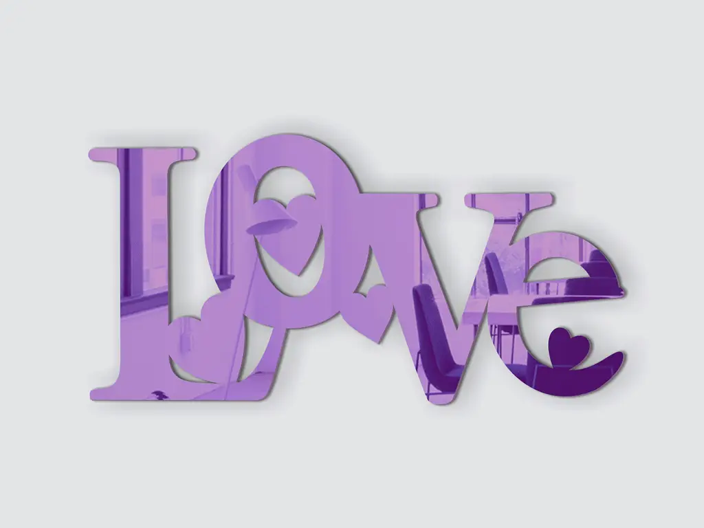 Decorațiune Love din oglindă violet, Folina, accesoriu cu bandă dublu-adezivă, dimensiune decorațiune 30x15 cm