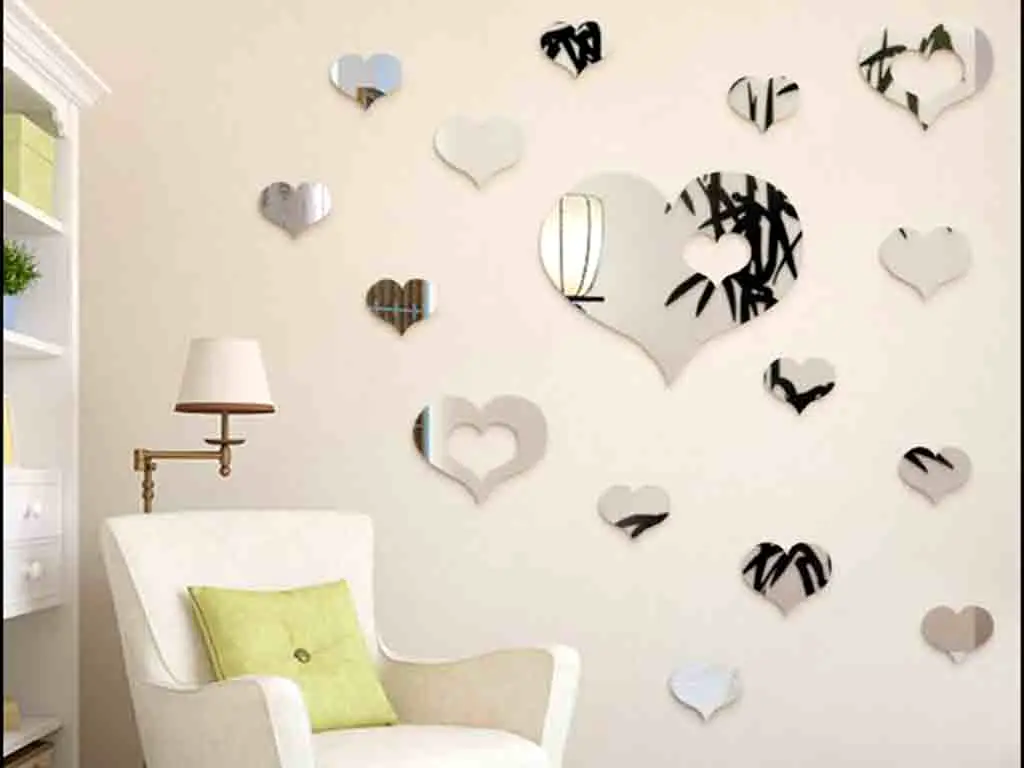 Decoraţiune perete oglindă Inimi, Folina, oglindă acrilică, set 16 piese