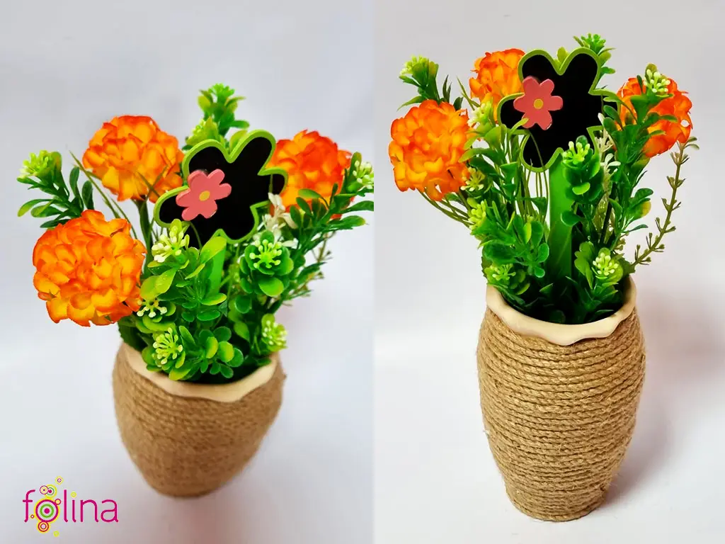 Ghiveci din ceramică cu flori artificiale portocalii, 20 cm 
