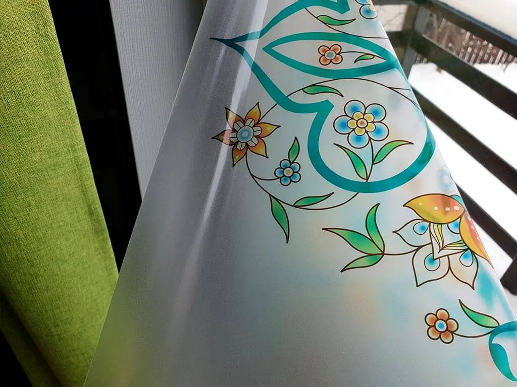 Folie sablare uşă din sticlă, Folina, cu model floral turcoaz, rolă de 100x200 cm