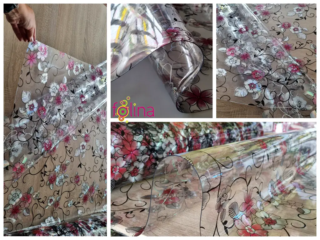 Folie protecţie blat mobilă, transparentă cu model floral colorat, fără adeziv, 1.2 mm grosime, 100 cm lăţime