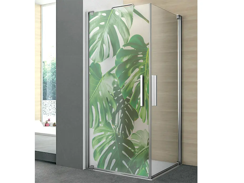 Folie cabină duş, Folina, sablare cu model frunze exotice verzi, rolă de 100x210 cm