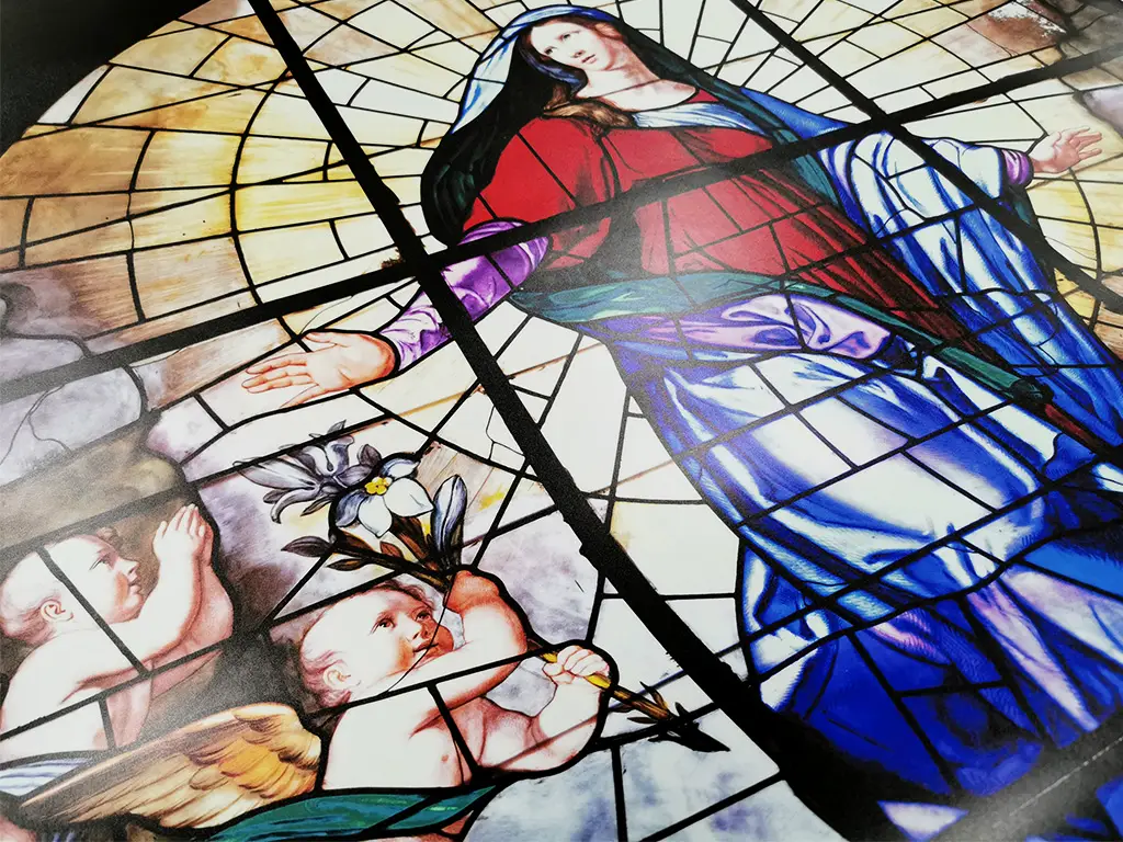 Folie de geam autoadezivă, model vitraliu religios, scena Adormirii Maicii Domnului, 100x170 cm 