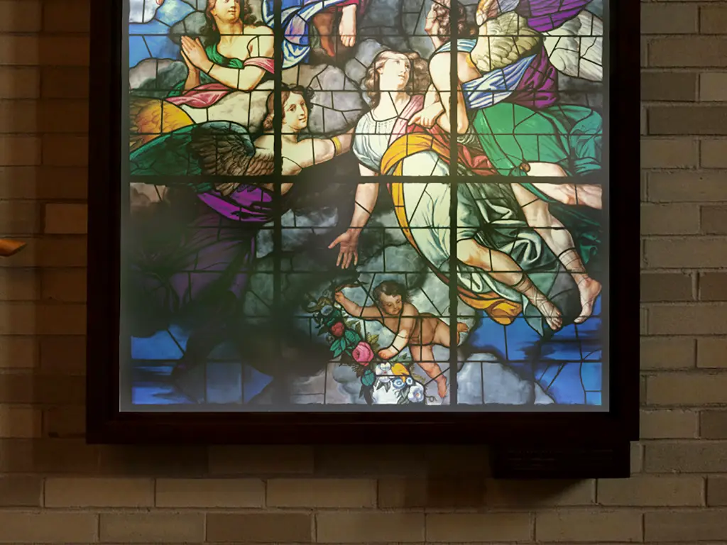 Folie de geam autoadezivă, model vitraliu religios, scena Adormirii Maicii Domnului, 100x170 cm 