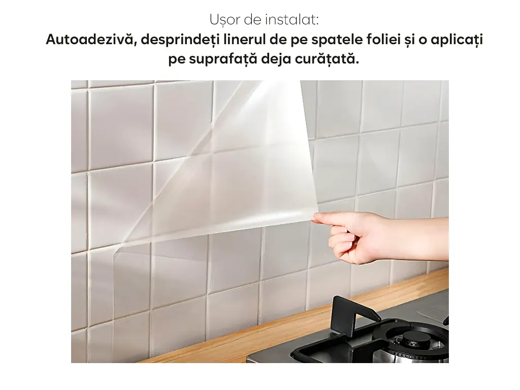 Folie de protecție autoadezivă pentru perete, ideală pentru bucătărie, transparentă și rezistentă la căldură, aspect lucios, rolă 61x500 cm, racletă inclusă