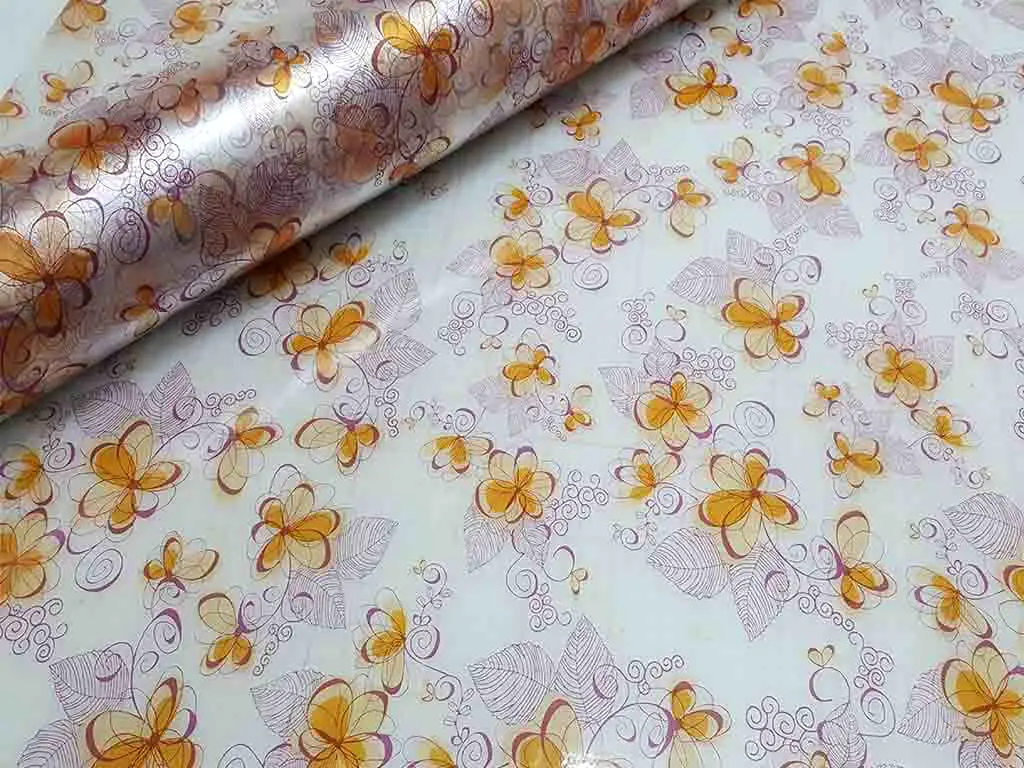 Folie geam autoadezivă, Folina Eva, sablare cu imprimeu floral portocaliu şi mov, lățime 90 cm