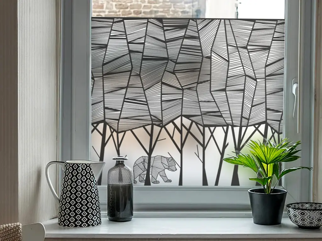 Folie geam autoadezivă, sablare tip bordură decorativă cu model pădure minimalistă, rolă de 45x200 cm, racletă de aplicare inclusă