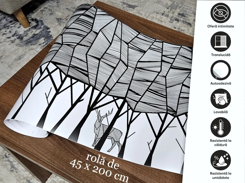 Folie geam autoadezivă, sablare tip bordură decorativă cu model pădure minimalistă, rolă de 45x200 cm, racletă de aplicare inclusă