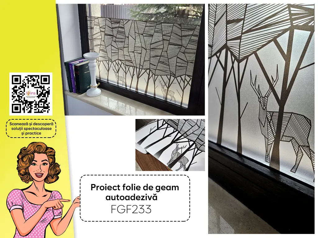 Folie geam autoadezivă, sablare tip bordură decorativă cu model pădure minimalistă, rolă de 45x200 cm, racletă de aplicare inclusă
