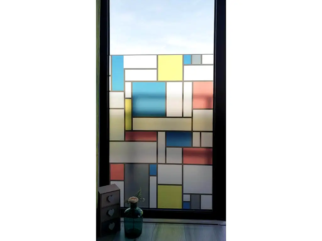 Folie geam autoadezivă Mondrian, Folina, model geometric multicolor, 100 cm lăţime