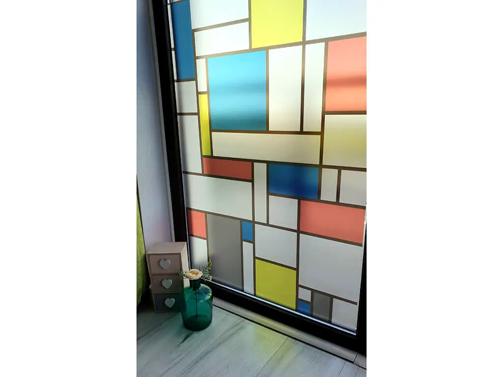 Folie geam autoadezivă Mondrian, Folina, model geometric multicolor, 100 cm lăţime