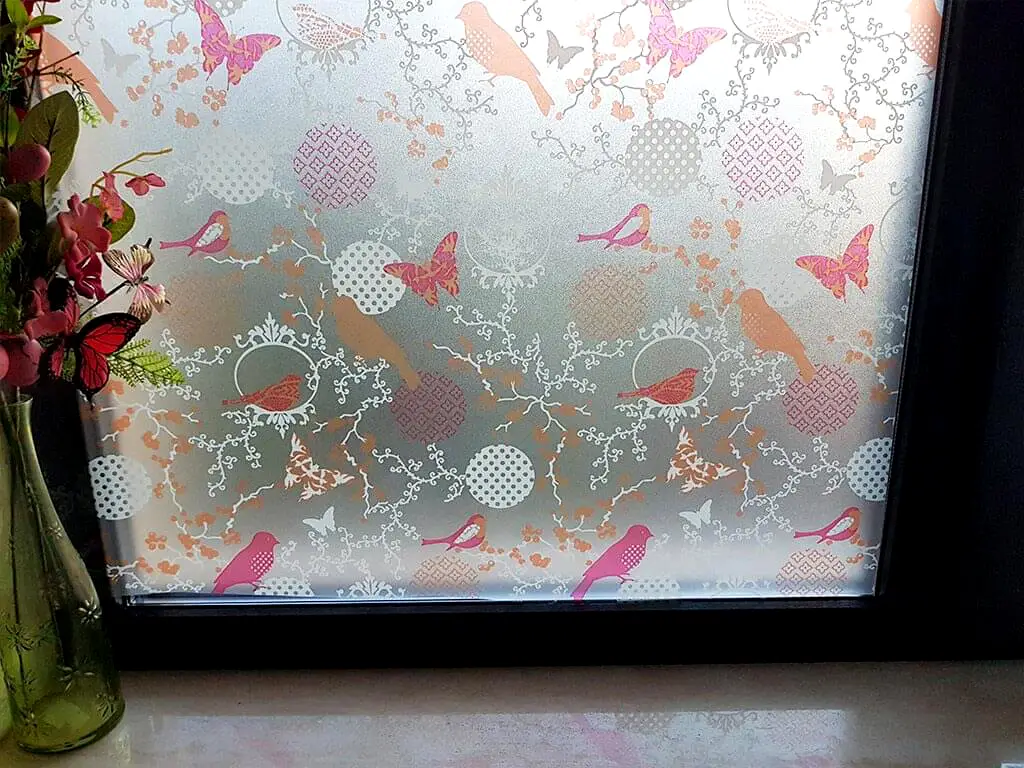 Folie geam autoadezivă Myriam, Folina, model flori şi păsări, 90 cm lăţime