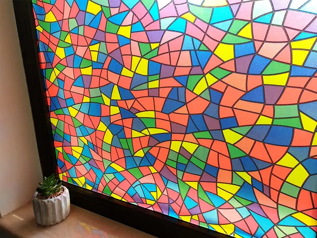 Folie geam autoadezivă vitraliu, Folina, imprimeu mozaic, multicolor, lățime 90 cm