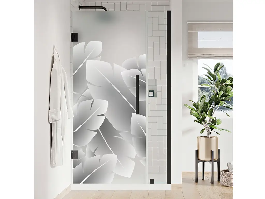 Folie geam cabină duș, Folina, sablare cu model frunze tropicale, rolă de 100x210 cm