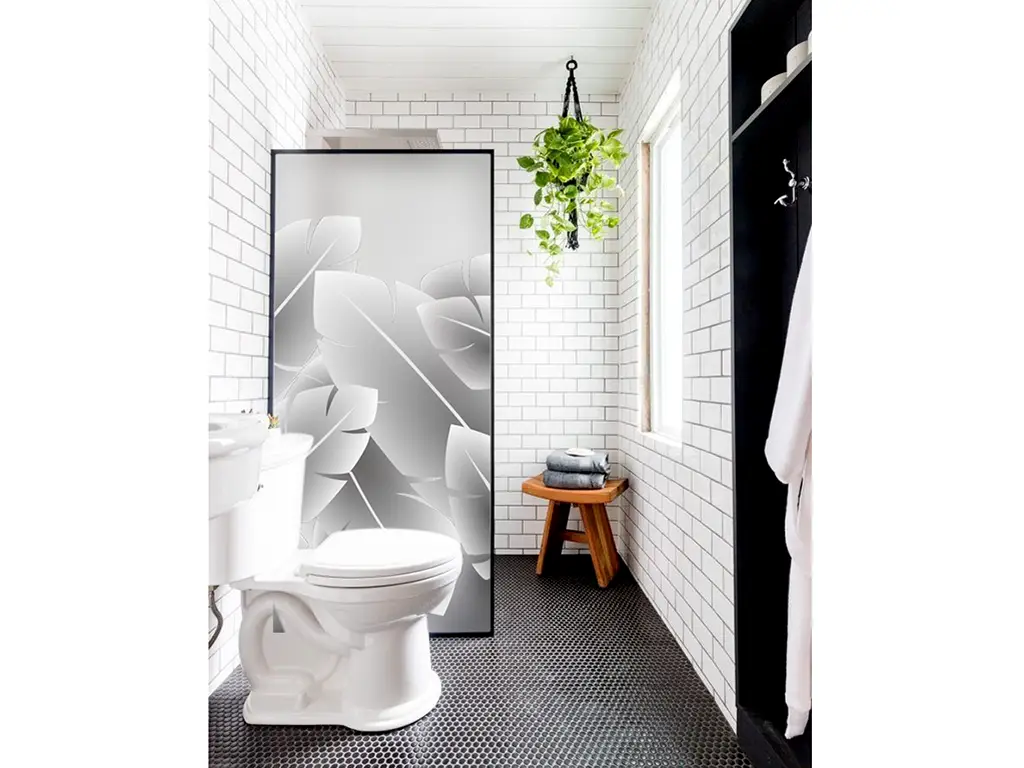 Folie geam cabină duș, Folina, sablare cu model frunze tropicale, rolă de 100x210 cm
