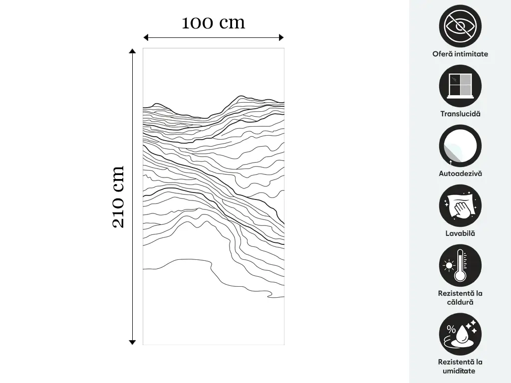 Folie geam cabină duș, Folina, sablare cu model topografie montană, rolă de 100x210 cm