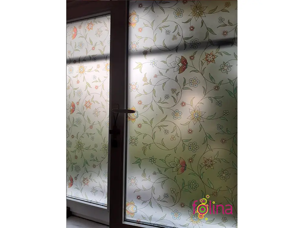 Folie geam autoadezivă Campo, Folina, sablare cu imprimeu floral, multicolor, lățime 100 cm