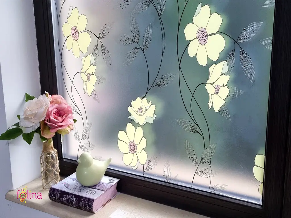 Folie geam autoadezivă, Folina, sablare cu model floral galben, 90 cm