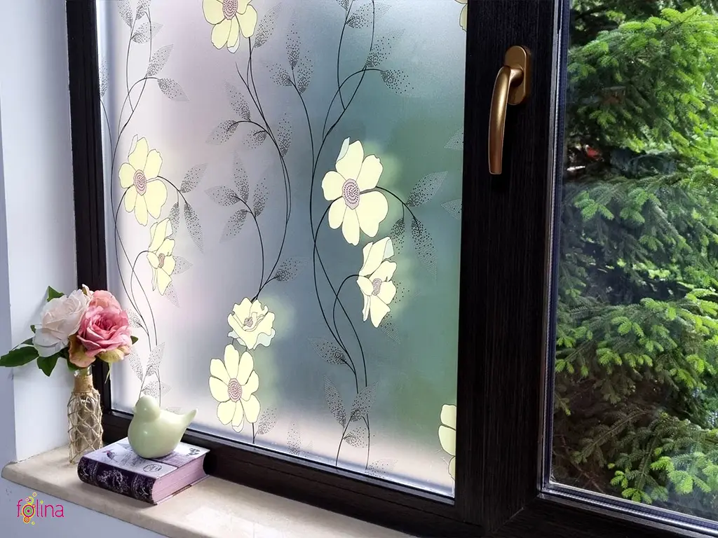 Folie geam autoadezivă, Folina, sablare cu model floral galben, 90 cm