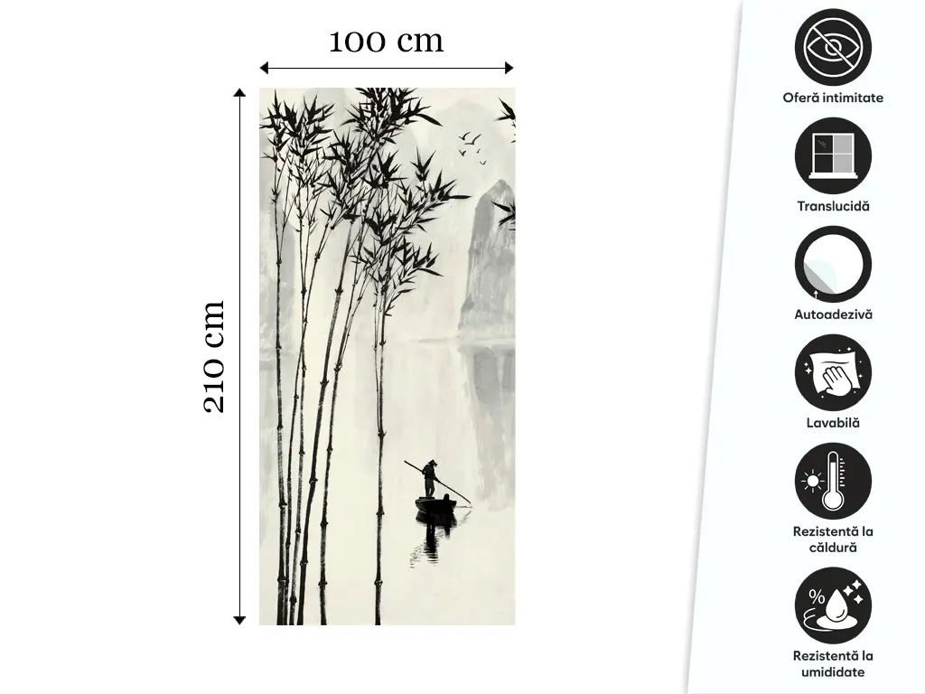 Folie geam cabină duș, Folina, sablare cu model peisaj tradițional asiatic, rolă de 100x210 cm