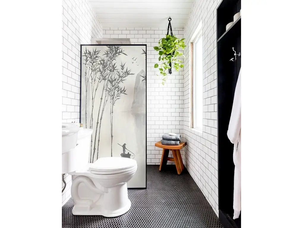 Folie geam cabină duș, Folina, sablare cu model peisaj tradițional asiatic, rolă de 100x210 cm