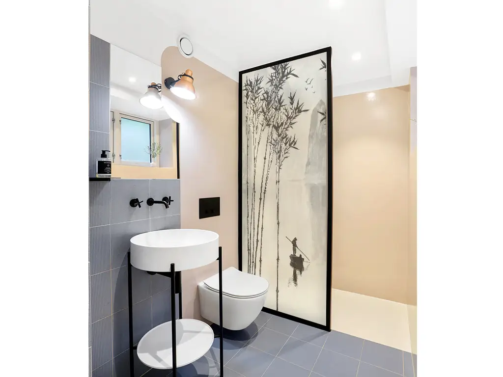 Folie geam cabină duș, Folina, sablare cu model peisaj tradițional asiatic, rolă de 100x210 cm