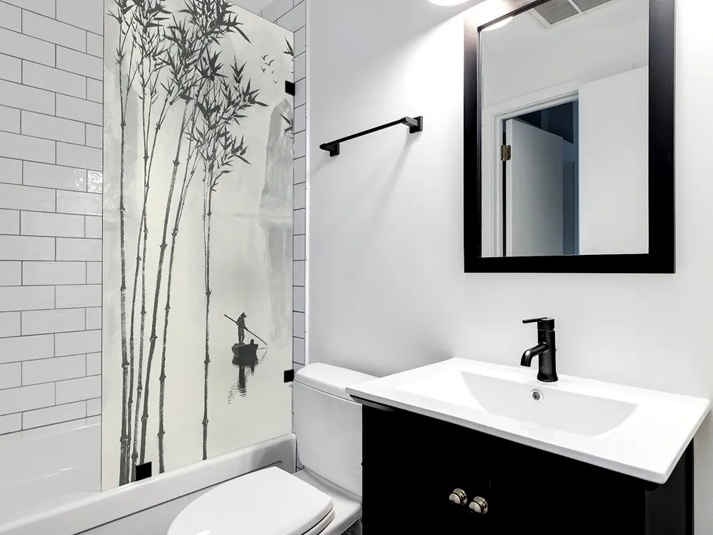 Folie geam cabină duș, Folina, sablare cu model peisaj tradițional asiatic, rolă de 100x210 cm